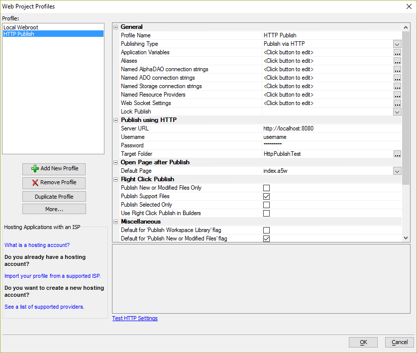Configuring the new HTTP Publish profile.